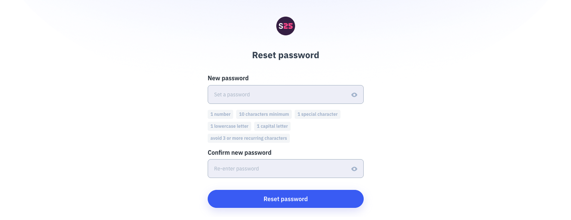 The reset password page, show the new password and confirm new password inputs, and Reset password button